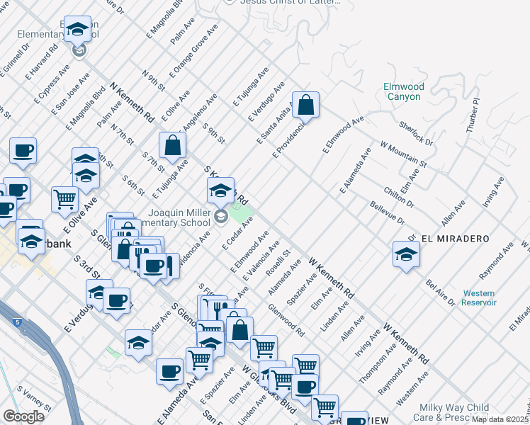 map of restaurants, bars, coffee shops, grocery stores, and more near 706 South Kenneth Road in Burbank