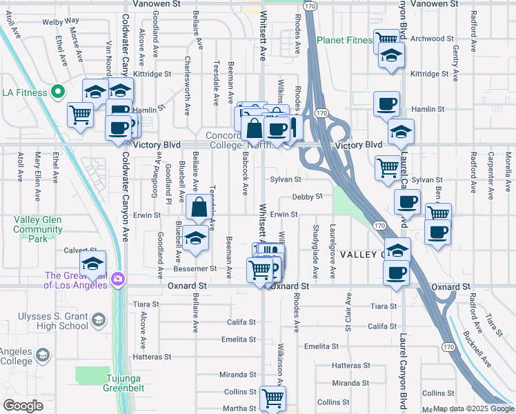 map of restaurants, bars, coffee shops, grocery stores, and more near 6213 Whitsett Avenue in Los Angeles