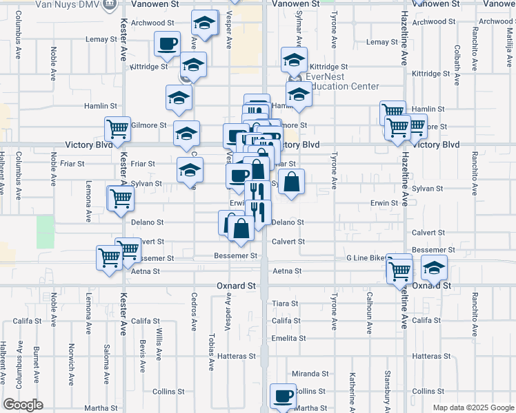map of restaurants, bars, coffee shops, grocery stores, and more near 6231 Van Nuys Boulevard in Los Angeles