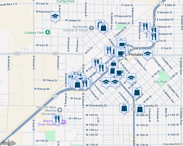map of restaurants, bars, coffee shops, grocery stores, and more near 600 West 1st Street in Portales
