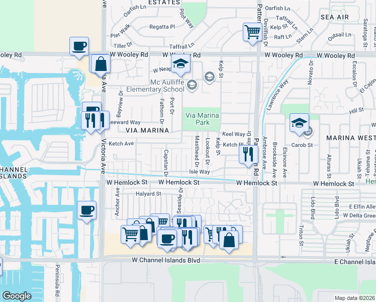 map of restaurants, bars, coffee shops, grocery stores, and more near 1730 Narrows Court in Oxnard