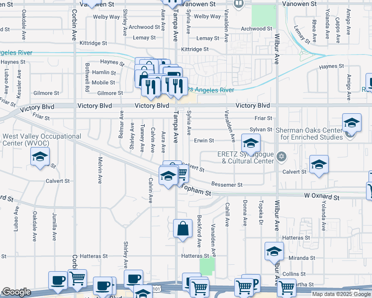 map of restaurants, bars, coffee shops, grocery stores, and more near 6219 Sylvia Avenue in Los Angeles