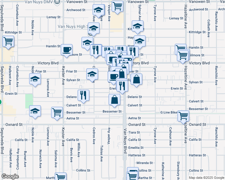 map of restaurants, bars, coffee shops, grocery stores, and more near 14546 Erwin Street in Los Angeles
