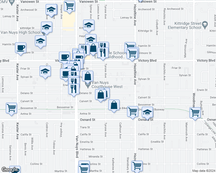 map of restaurants, bars, coffee shops, grocery stores, and more near 14254 Erwin Street in Los Angeles