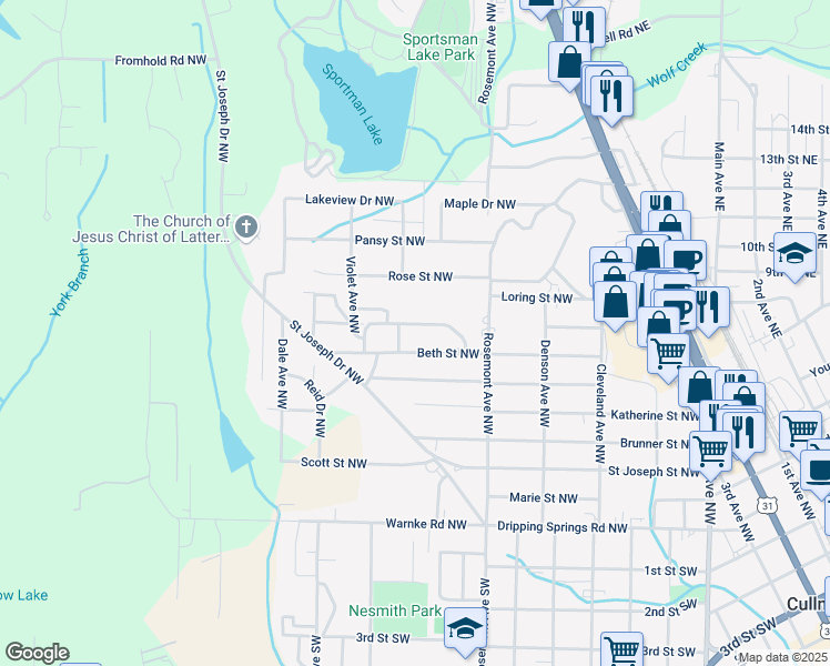 map of restaurants, bars, coffee shops, grocery stores, and more near 1530 MH Woodard Mount Drive in Cullman