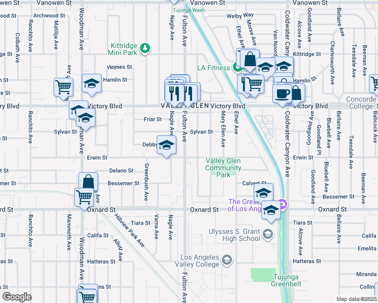 map of restaurants, bars, coffee shops, grocery stores, and more near 6212 Fulton Avenue in Los Angeles
