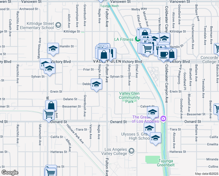 map of restaurants, bars, coffee shops, grocery stores, and more near 6212 Fulton Avenue in Los Angeles
