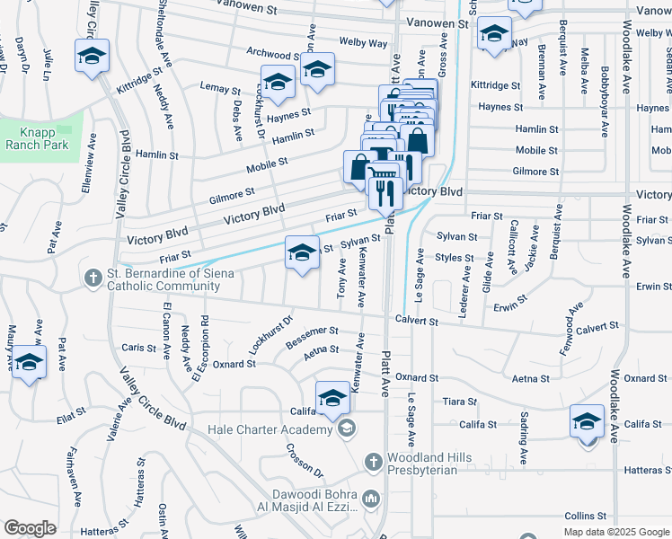 map of restaurants, bars, coffee shops, grocery stores, and more near 6201 Tony Avenue in Los Angeles