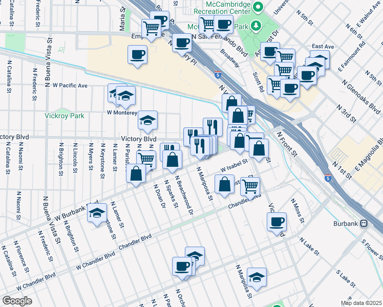 map of restaurants, bars, coffee shops, grocery stores, and more near 1110 North Griffith Park Drive in Burbank
