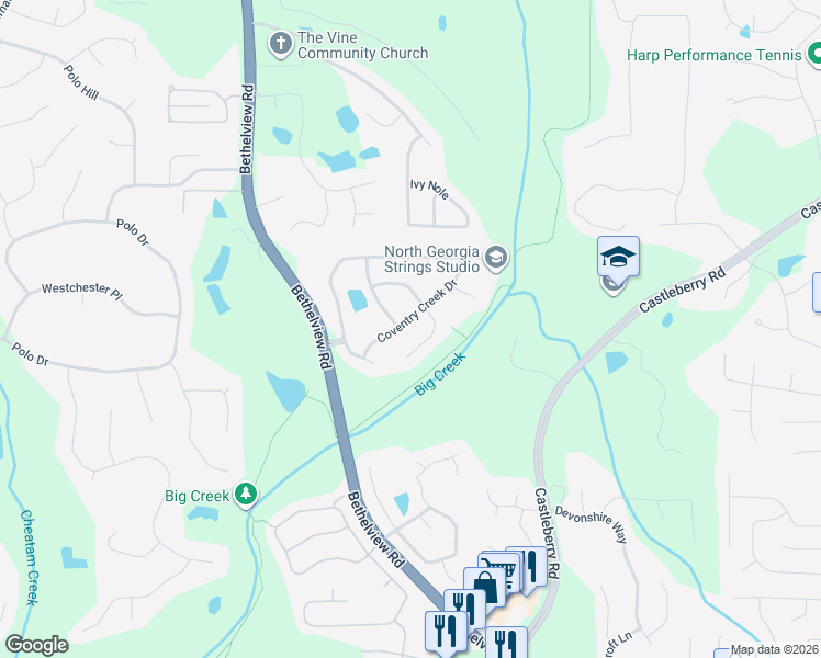 map of restaurants, bars, coffee shops, grocery stores, and more near 5120 Coventry Creek Dr in Cumming