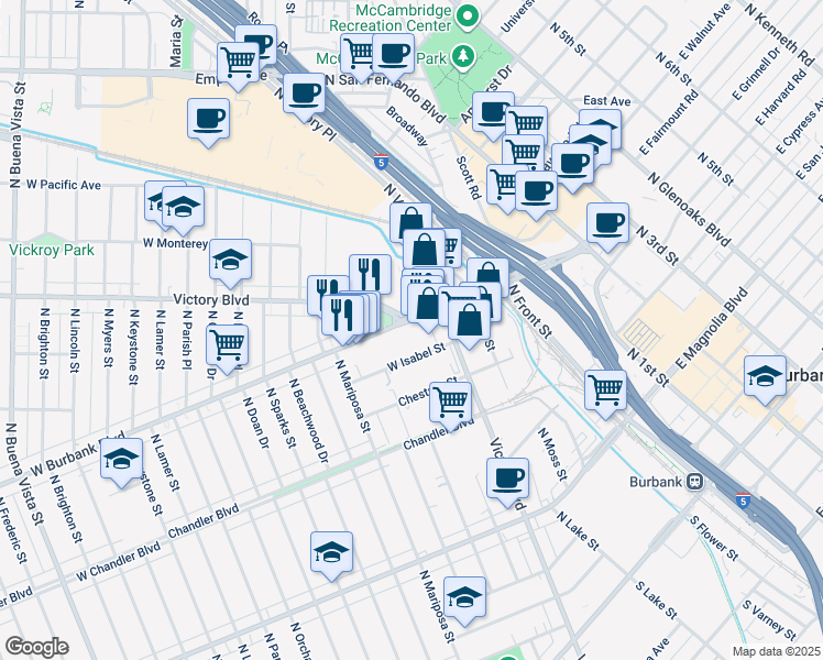 map of restaurants, bars, coffee shops, grocery stores, and more near 1008 West Burbank Boulevard in Burbank