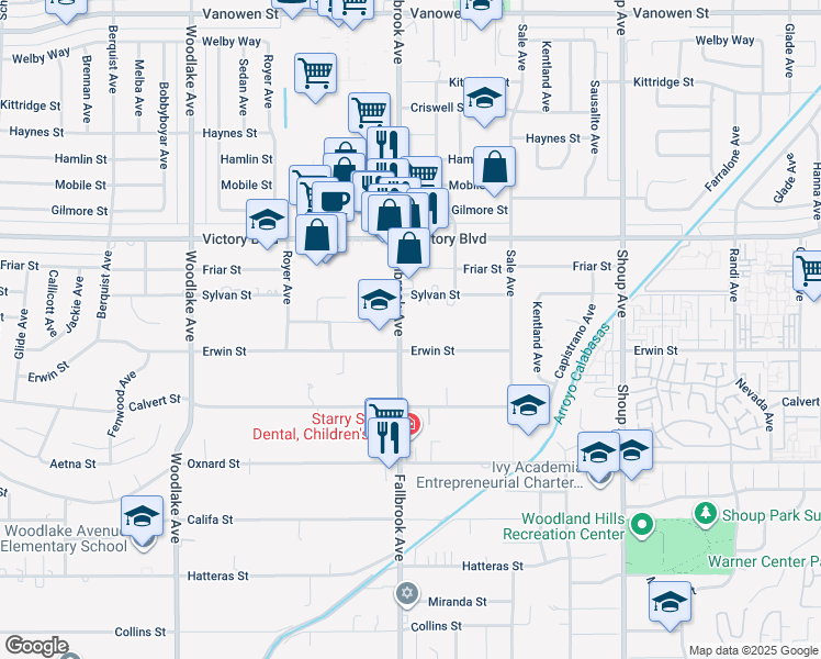 map of restaurants, bars, coffee shops, grocery stores, and more near 6222 Fallbrook Avenue in Los Angeles