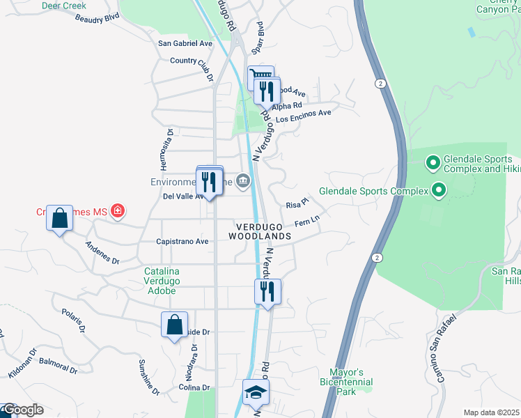 map of restaurants, bars, coffee shops, grocery stores, and more near 1745 El Rito Avenue in Glendale