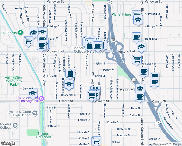 map of restaurants, bars, coffee shops, grocery stores, and more near 6213 Whitsett Avenue in Los Angeles