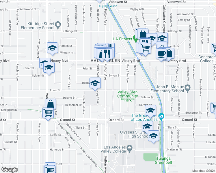 map of restaurants, bars, coffee shops, grocery stores, and more near 6212 Fulton Avenue in Los Angeles