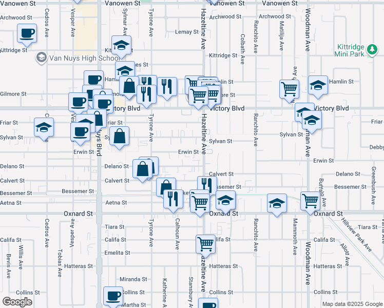 map of restaurants, bars, coffee shops, grocery stores, and more near 14134 Erwin Street in Los Angeles