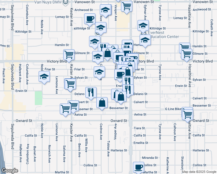map of restaurants, bars, coffee shops, grocery stores, and more near 14632 Erwin Street in Los Angeles