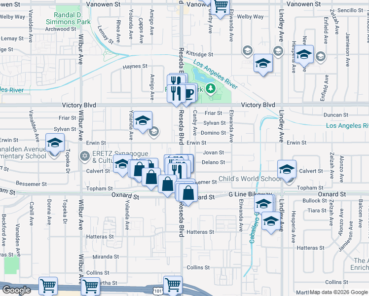 map of restaurants, bars, coffee shops, grocery stores, and more near 6230 Reseda Boulevard in Los Angeles