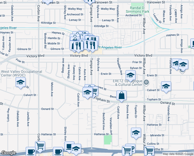 map of restaurants, bars, coffee shops, grocery stores, and more near 6219 Sylvia Avenue in Los Angeles