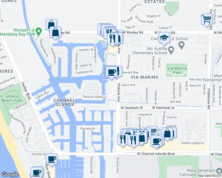 map of restaurants, bars, coffee shops, grocery stores, and more near 3851 Harbour Island Lane in Oxnard