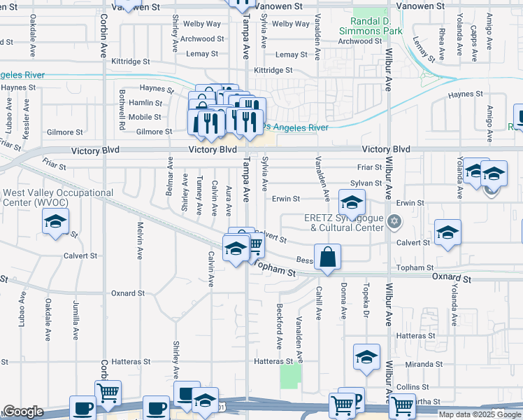 map of restaurants, bars, coffee shops, grocery stores, and more near 6219 Sylvia Avenue in Los Angeles