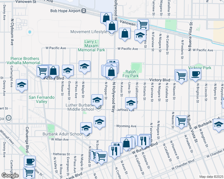 map of restaurants, bars, coffee shops, grocery stores, and more near 1919 North Hollywood Way in Burbank