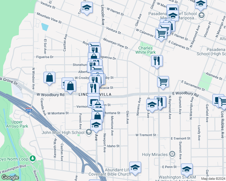 map of restaurants, bars, coffee shops, grocery stores, and more near 306 Acacia Street in Altadena