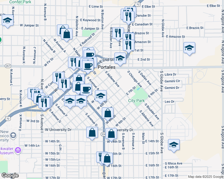 map of restaurants, bars, coffee shops, grocery stores, and more near 509 South Main Avenue in Portales