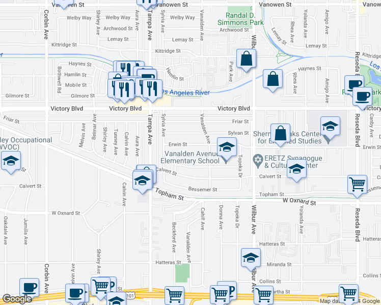 map of restaurants, bars, coffee shops, grocery stores, and more near 19143 Jovan Street in Los Angeles