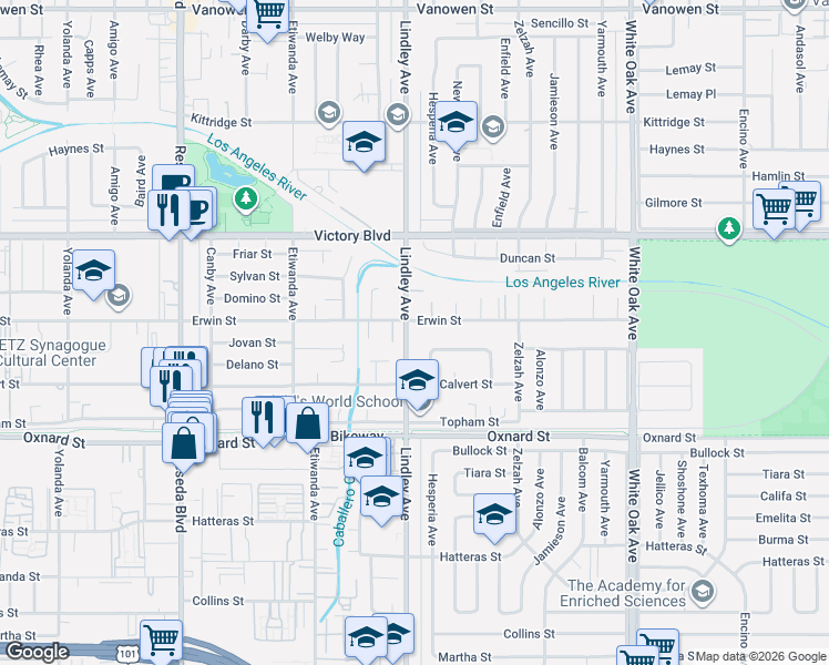 map of restaurants, bars, coffee shops, grocery stores, and more near 6268 Lindley Avenue in Encino