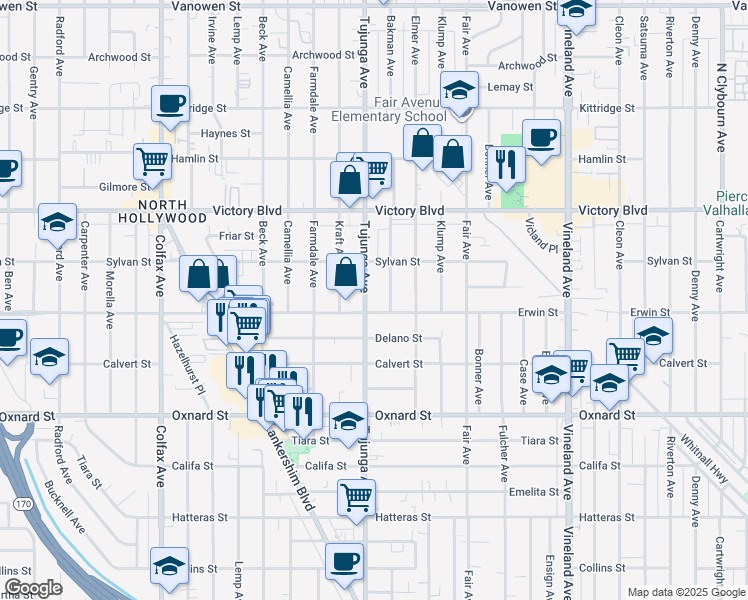 map of restaurants, bars, coffee shops, grocery stores, and more near 6213 Bakman Avenue in Los Angeles
