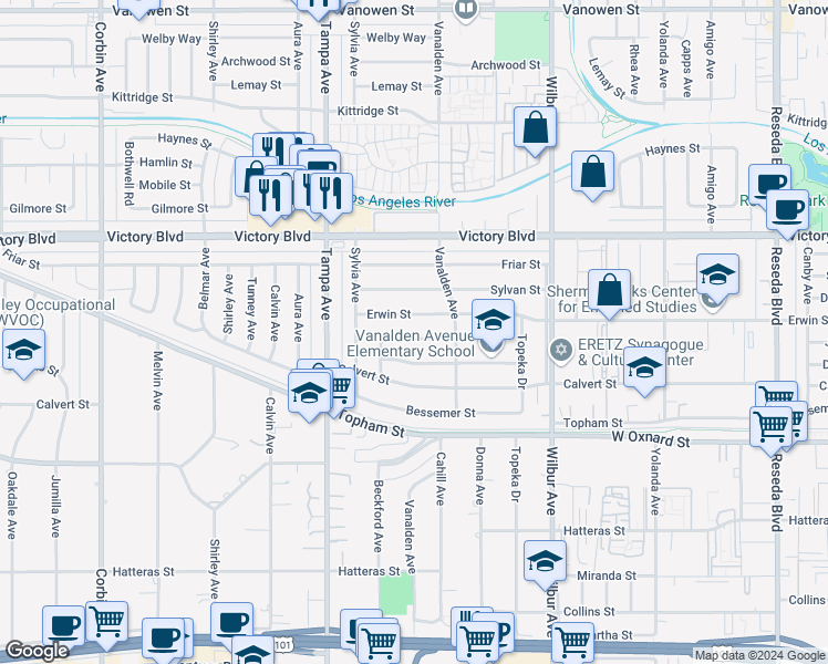 map of restaurants, bars, coffee shops, grocery stores, and more near 19143 Jovan Street in Los Angeles