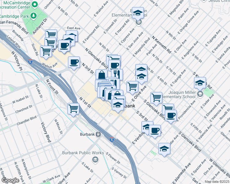 map of restaurants, bars, coffee shops, grocery stores, and more near 300 East Palm Avenue in Burbank