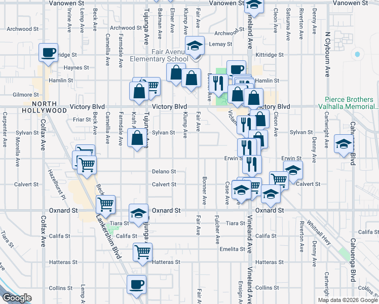 map of restaurants, bars, coffee shops, grocery stores, and more near 6212 Klump Avenue in Los Angeles