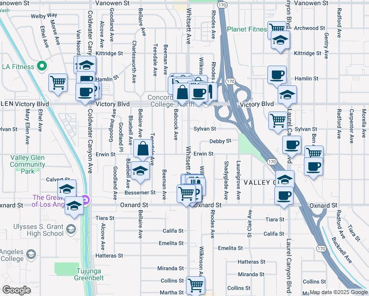 map of restaurants, bars, coffee shops, grocery stores, and more near 6213 Whitsett Avenue in Los Angeles