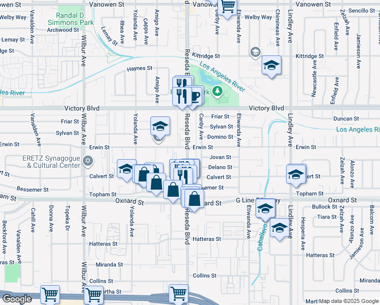 map of restaurants, bars, coffee shops, grocery stores, and more near 6230 Reseda Boulevard in Los Angeles