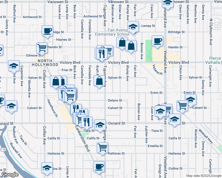 map of restaurants, bars, coffee shops, grocery stores, and more near 6213 Bakman Avenue in Los Angeles