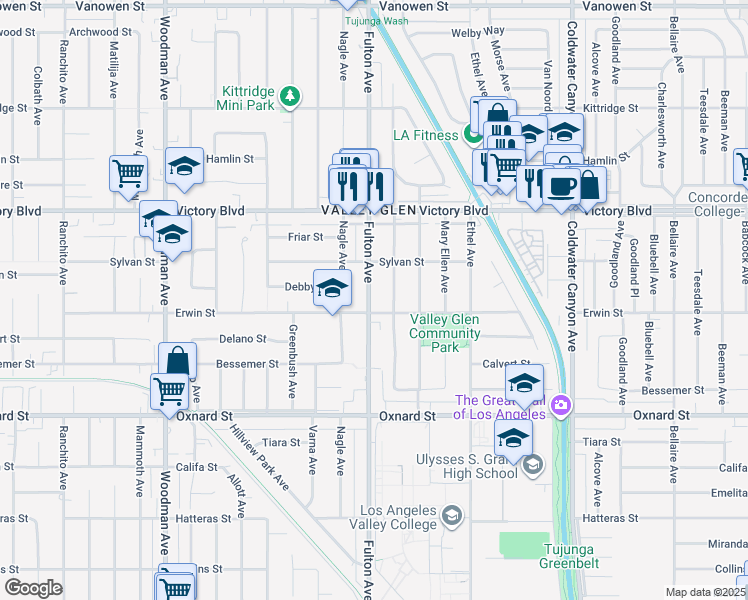 map of restaurants, bars, coffee shops, grocery stores, and more near 6212 Fulton Avenue in Los Angeles