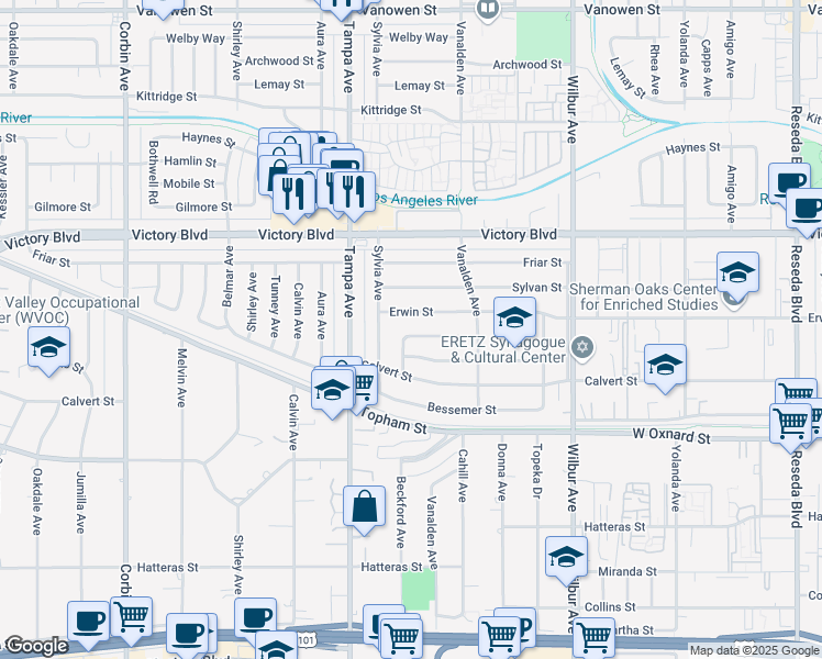 map of restaurants, bars, coffee shops, grocery stores, and more near 19175 Jovan Street in Los Angeles
