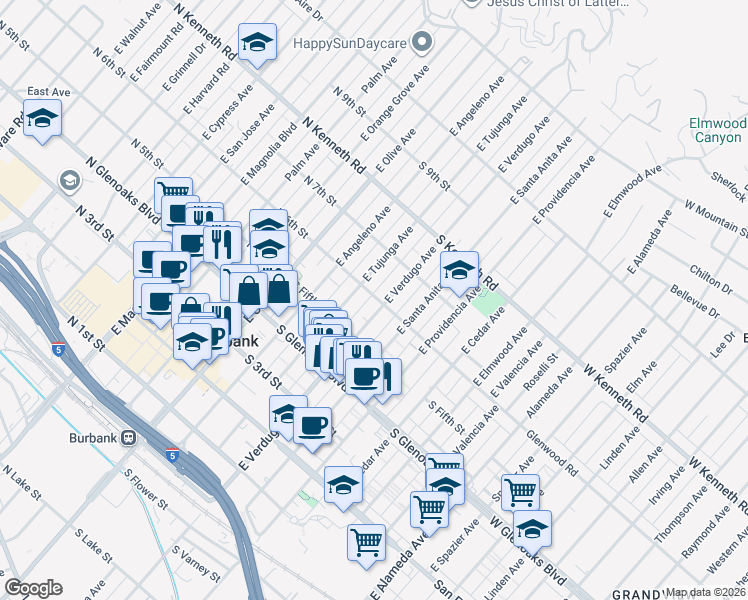 map of restaurants, bars, coffee shops, grocery stores, and more near 321 South 6th Street in Burbank
