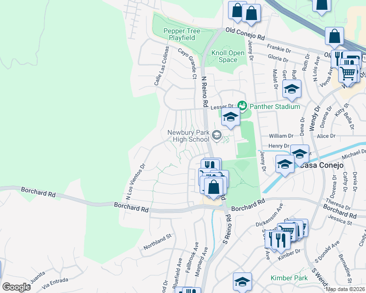 map of restaurants, bars, coffee shops, grocery stores, and more near 526 Martinique Place in Thousand Oaks
