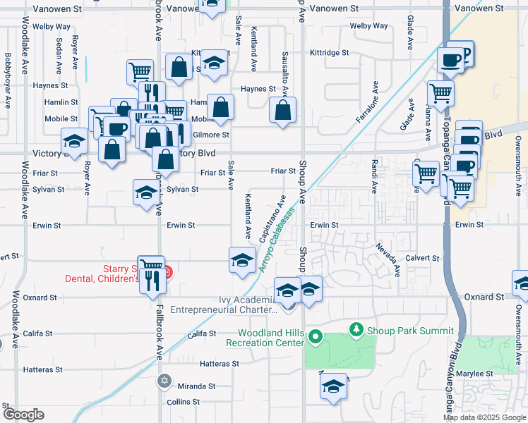 map of restaurants, bars, coffee shops, grocery stores, and more near 22530 Styles Street in Los Angeles