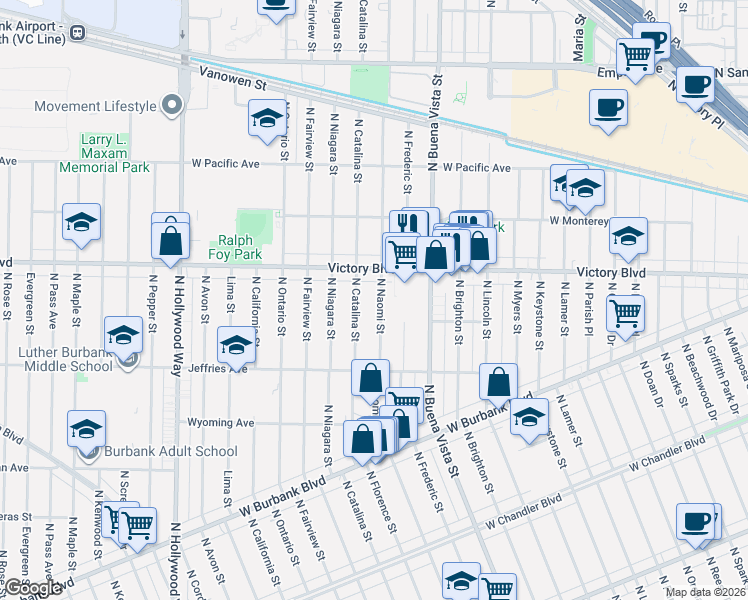 map of restaurants, bars, coffee shops, grocery stores, and more near 1517 North Naomi Street in Burbank
