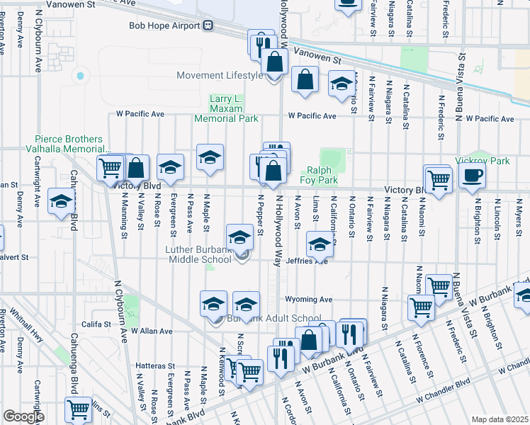 map of restaurants, bars, coffee shops, grocery stores, and more near 1916 North Pepper Street in Burbank
