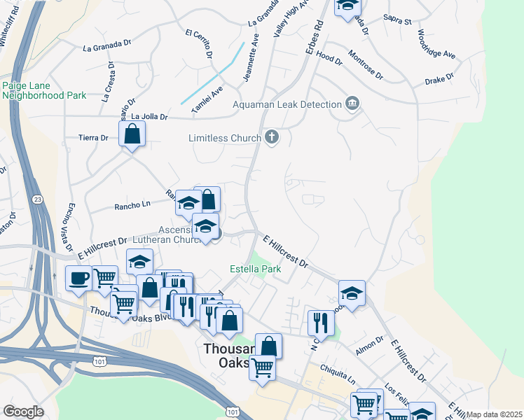 map of restaurants, bars, coffee shops, grocery stores, and more near 474 Erbes Road in Thousand Oaks