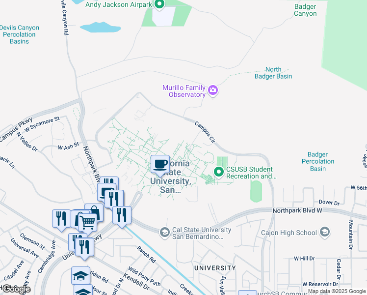 map of restaurants, bars, coffee shops, grocery stores, and more near 5500 University Parkway in San Bernardino