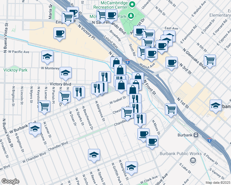map of restaurants, bars, coffee shops, grocery stores, and more near 1008 West Burbank Boulevard in Burbank