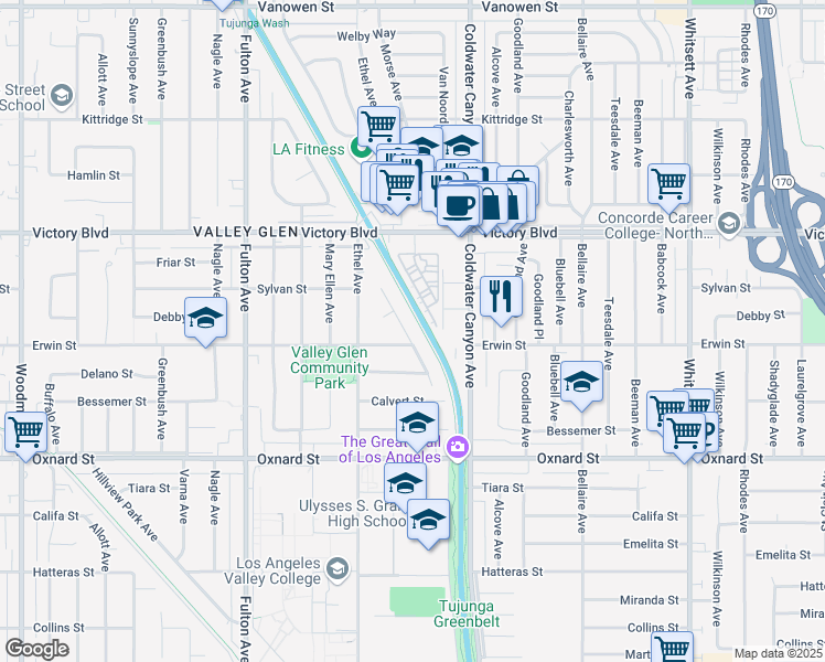 map of restaurants, bars, coffee shops, grocery stores, and more near 6218 Van Noord Avenue in Los Angeles