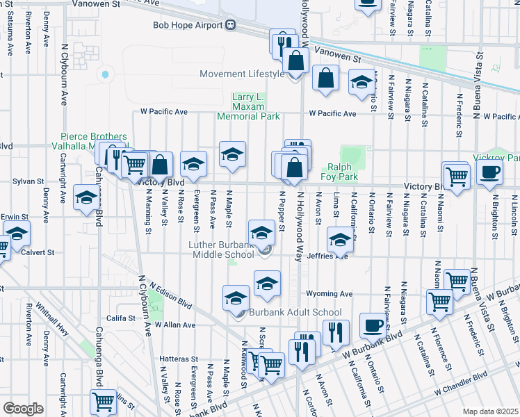 map of restaurants, bars, coffee shops, grocery stores, and more near 1915 North Screenland Drive in Burbank