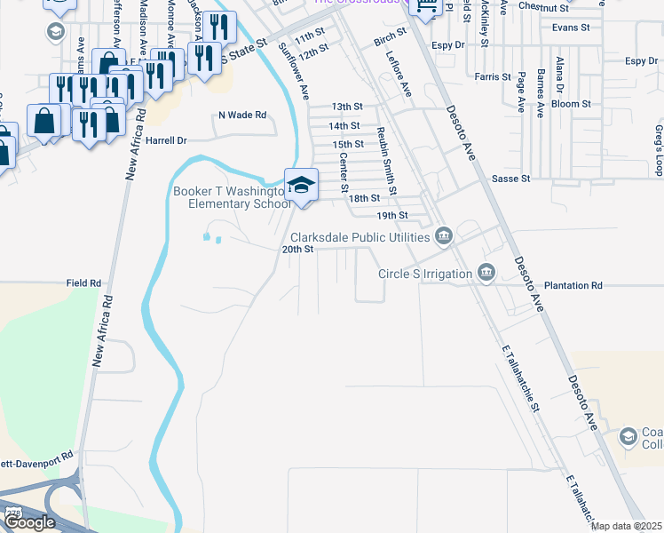 map of restaurants, bars, coffee shops, grocery stores, and more near 2013 Blue Bird Lane in Clarksdale